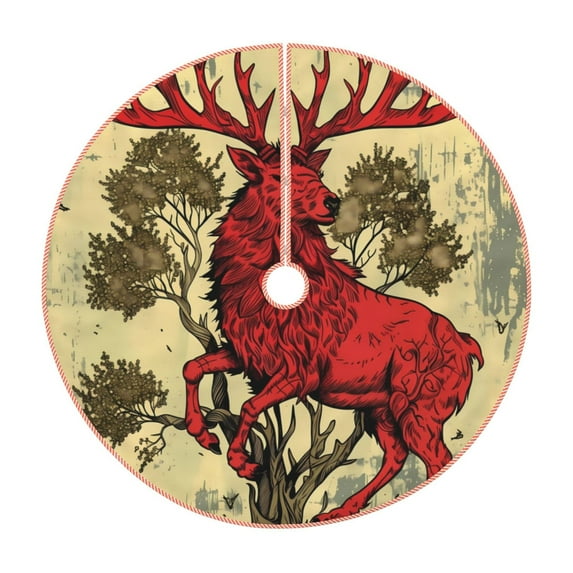 Daiia Mythical Red Stag Illustration Drawing Merry Christmas Tree Skirt , Xmas Large Lace-up Tree Skirt, Santa Snowflakes Rustic Home Decorations New Year Party Farmhouse Decor-30"
