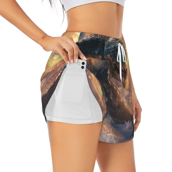 Daiia Mythical Serpent Mountain Sunrise Pattern Women's 2 in 1 Running Shorts - Lightweight Athletic Workout Gym Yoga Shorts Liner with Phone Pockets-Large