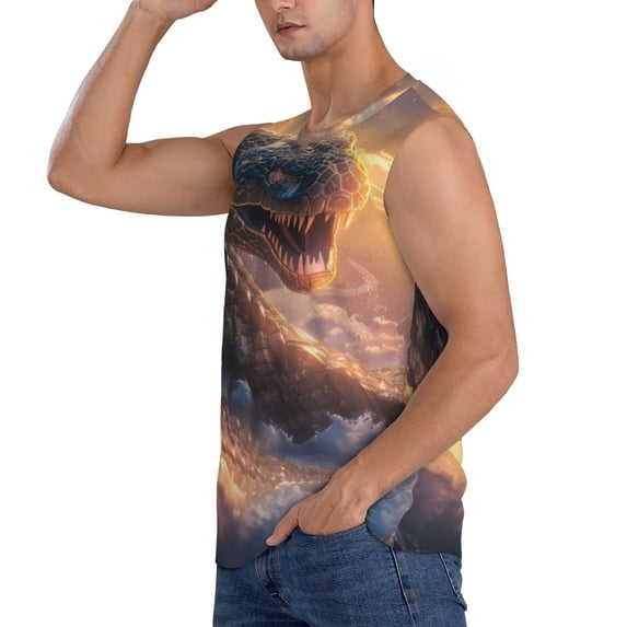 Daiia Mythical Serpent Mountain Sunrise Printed Men's Tank Tops,Casual Soft Sleeveless Gym Muscle Shirts Bodybuilding Tee-Large