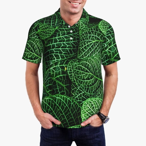 Daiia Natural Green Leaves Pattern Men’s Polo Shirts,Solid Deck Shirt,Classic Fit, Breathable Cotton Polo for Casual and Sport Wear-X-Large
