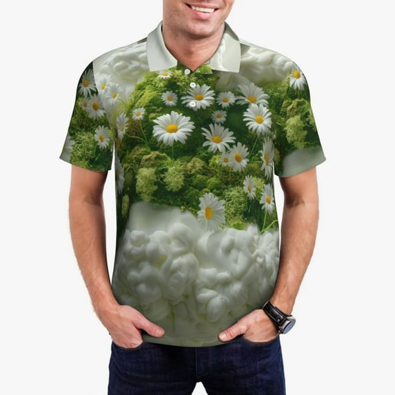 Daiia Nature Hand Daisies Art Pattern Men’s Polo Shirts,Solid Deck Shirt,Classic Fit, Breathable Cotton Polo for Casual and Sport Wear-X-Large