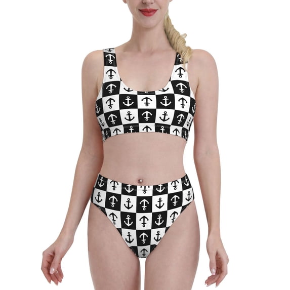 Daiia Nautical Anchors1 printed 2 piece Swimsuit Bikinis for Women High Waisted Racerback Bathing Suits Summer Tummy Control Scoop Neck Swimwear-Medium