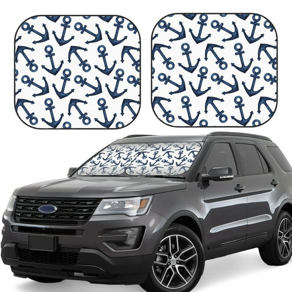 Daiia Navy Blue Anchor 2PCS Car Windshield Sun Shade, Foldable Sun Shield for Car Front Window, Auto Sun Blocker Visor Protector Universal for Truck SUV Pickup-Medium