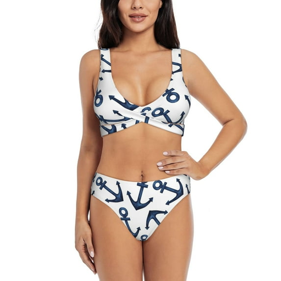 Daiia Navy Blue Anchors Women's Bikini Set Two Piece Swimsuit High Waisted Bikini Adjustable Straps Bikini Perfect for Beach, Pool, and Summer Vacation-Large