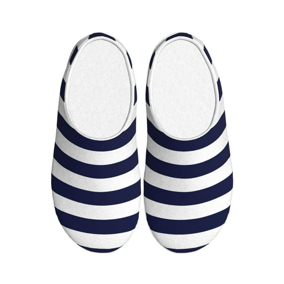 Daiia Navy Blue And White Stripes Print Women’s Fuzzy Slippers Memory Foam Lightweight House Shoes Cozy Loafer Flannel House Shoes-39/40