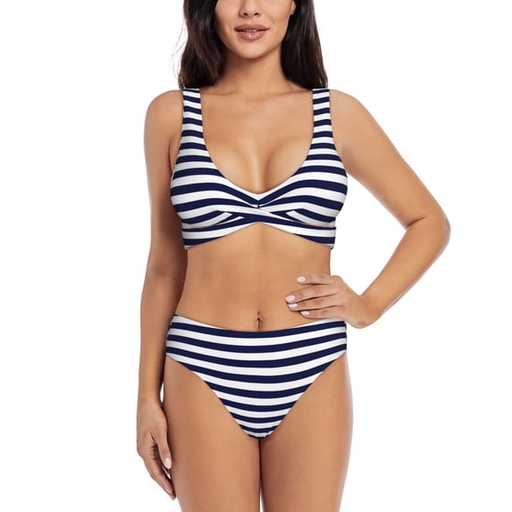 Daiia Navy Blue And White Stripes Women's Bikini Set Two Piece Swimsuit High Waisted Bikini Adjustable Straps Bikini Perfect for Beach, Pool, and Summer Vacation-X-Large