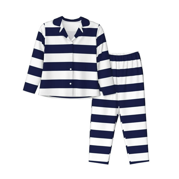 Daiia Navy Blue And White Stripes for Women's Long-Sleeved Pajama Set – Soft & Comfortable Sleepwear Button-Up Pajamas Cozy Lounge Wear-Small