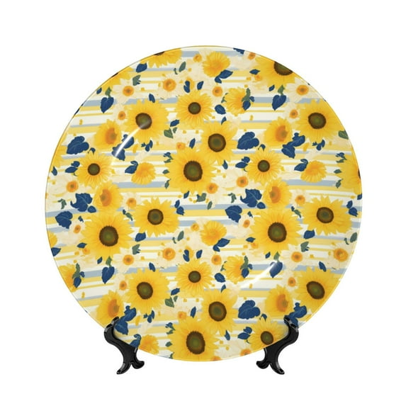 Daiia Navy Blue Leaf Sunflower Printed Pattern Ceramic Plate Dinner Plates Bone China Decorative Plates with Display Stand Art Ceramic Ornaments for Wall Hanging Decoration-10in