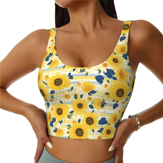 Daiia Navy Blue Leaf Sunflower Printed Women's Sports Bra, Breathable Activewear Bra with U-Back Design and Removable Pads, Comfortable and Supportive for Yoga, Workout-Small