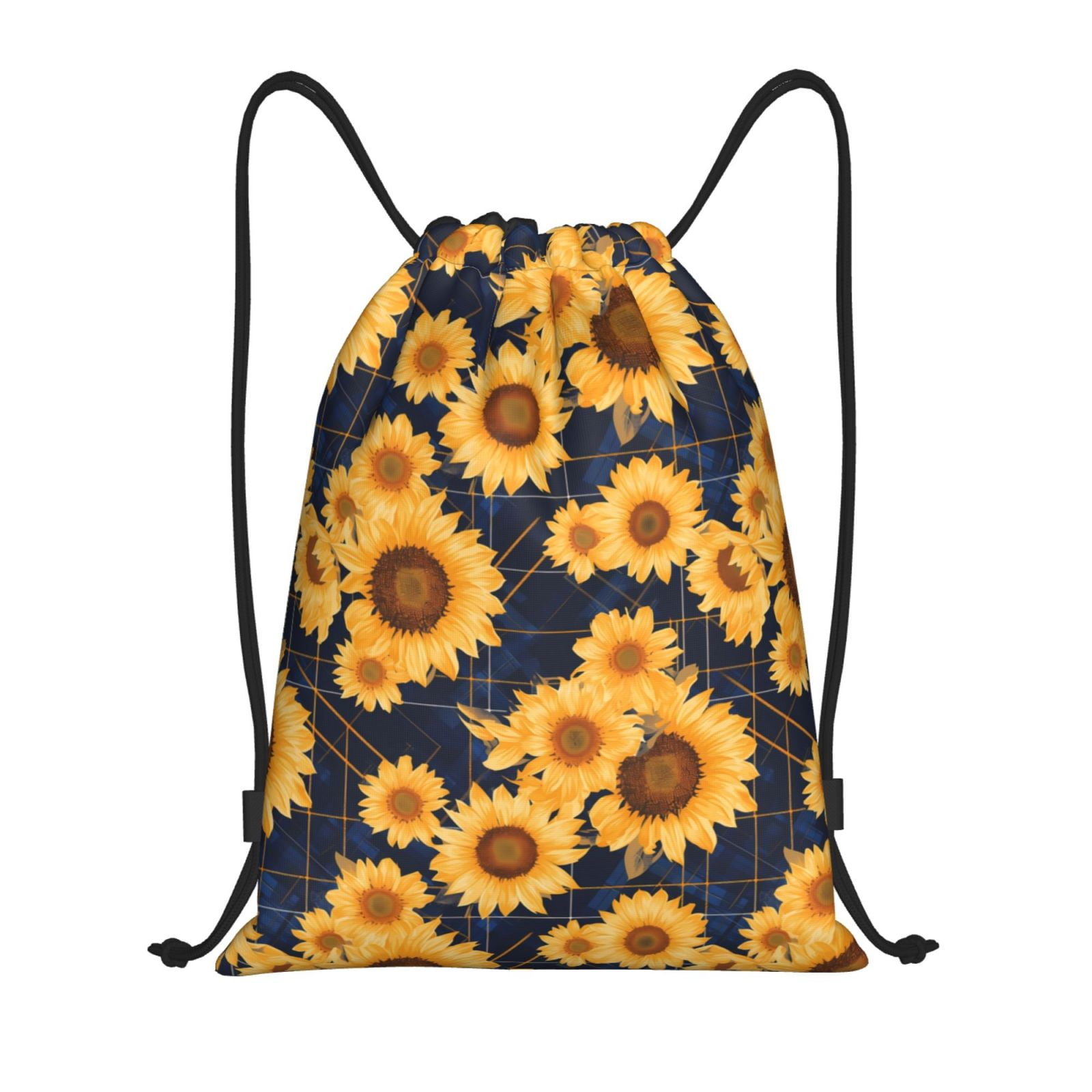 Daiia Navy Blue Plaid Sunflower Pattern Drawstring Backpack, Gym Bag