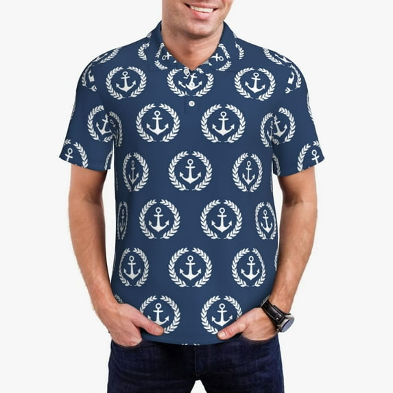 Daiia Navy Nautical Pattern Men’s Polo Shirts,Solid Deck Shirt,Classic Fit, Breathable Cotton Polo for Casual and Sport Wear-3X-Large