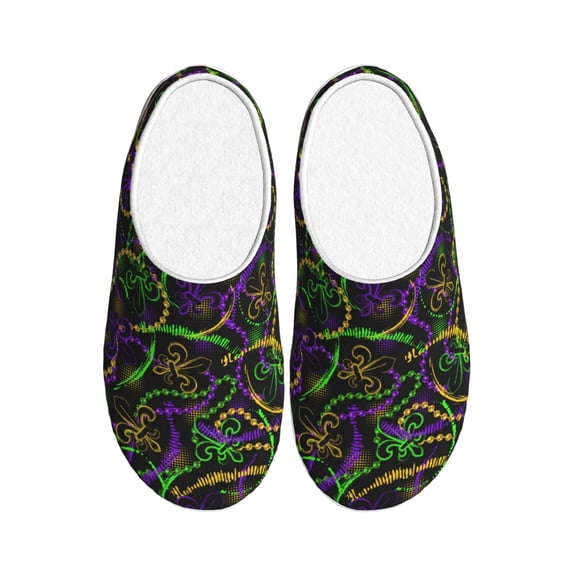 Daiia Neon Mardi Gras Print Women’s Fuzzy Slippers Memory Foam Lightweight House Shoes Cozy Loafer Flannel House Shoes-40/41
