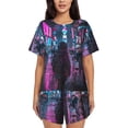 thumbnail image 1 of Daiia Neon Night Cityscape Pattern Womens Pajama Sets Short Sleeve Pajamas for Women Sets Soft Lounge Sets Casual Round Neck Sleepwear PJS-Medium, 1 of 7