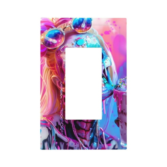 Daiia Neon Skull With Milkshake Pattern Decorator Wall Plate Child Safe Outlet Cover, Switch and Outlet Covers,Size 1-Gang 5.0" x3.0" , Polycarbonate Thermoplastic-Style U