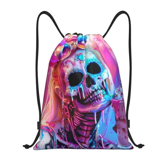 Daiia Neon Skull With Milkshake Pattern Drawstring Backpack, Gym Bag, Lightweight Backpack, Water-Resistant Bag Travel Sports Backpack, Fitness Bag, Yoga Bag-Small