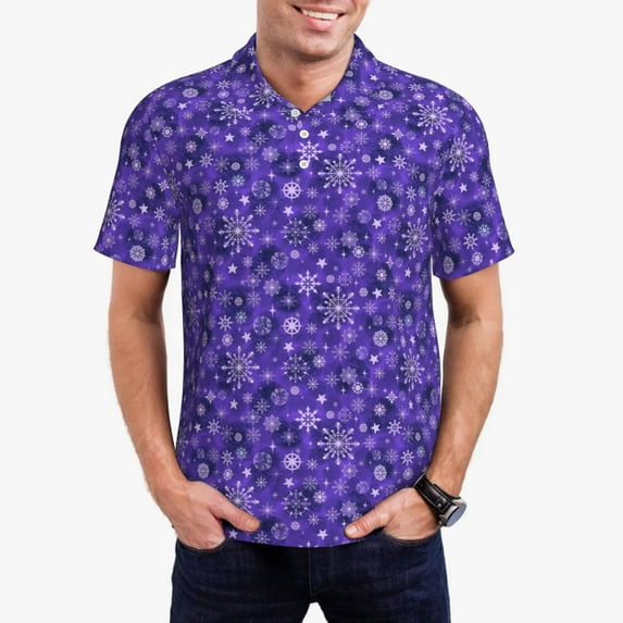 Daiia New Year Snowflakes Pattern Men’s Polo Shirts,Solid Deck Shirt,Classic Fit, Breathable Cotton Polo for Casual and Sport Wear-XX-Large