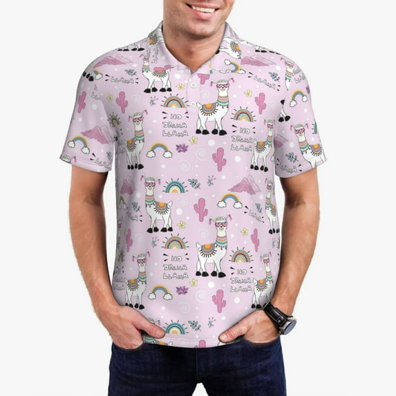 Daiia No Drama Llama Pattern Men’s Polo Shirts,Solid Deck Shirt,Classic Fit, Breathable Cotton Polo for Casual and Sport Wear-X-Large