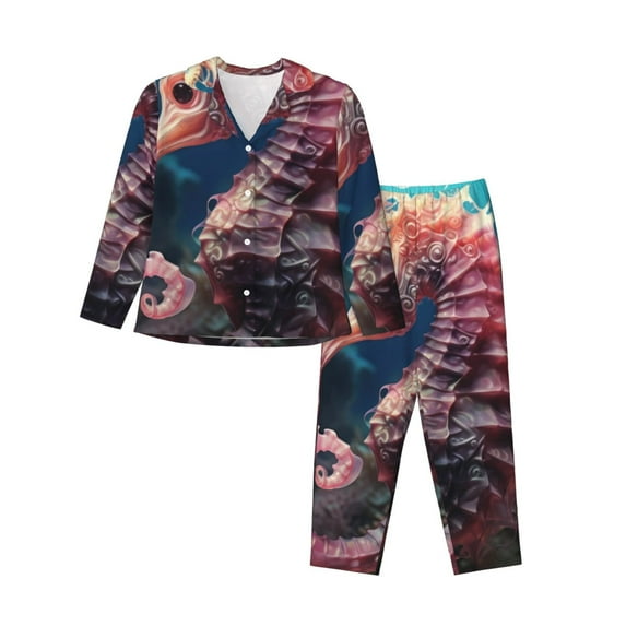 Daiia Ocean Seahorse for Women's Long-Sleeved Pajama Set – Soft & Comfortable Sleepwear Button-Up Pajamas Cozy Lounge Wear-Medium