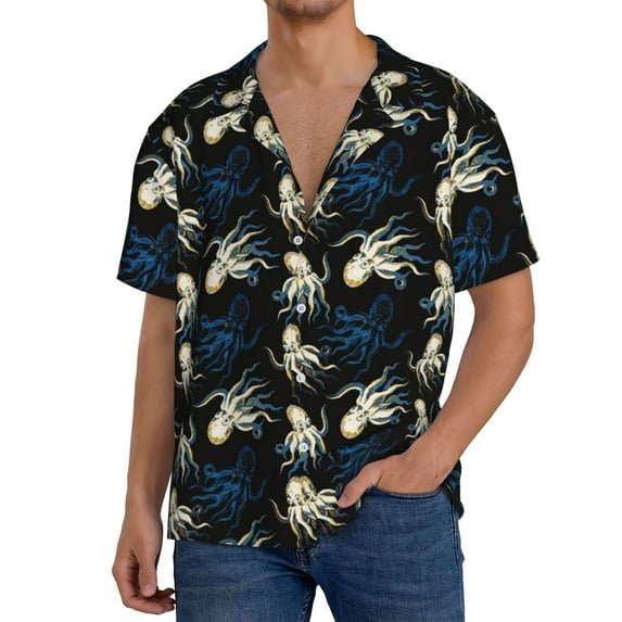 Daiia Octopus 1 Men's Linen Shirts Short Sleeve Casual Shirts Button Down Shirt for Men Beach Summer Wedding Shirt-Small