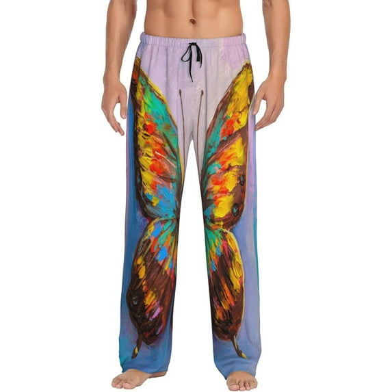 Daiia Oil Painting Beautiful Butterfly Men's Sleep Pant with Pockets and Drawstring,Pajama Pants-Large