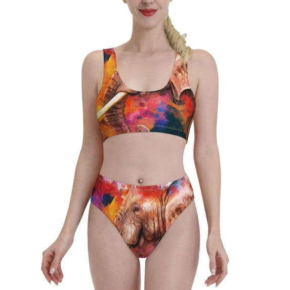 Daiia Oil Paintings of Elephants printed 2 piece Swimsuit Bikinis for Women High Waisted Racerback Bathing Suits Summer Tummy Control Scoop Neck Swimwear-Large