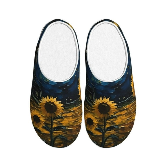 Daiia Oil Starry Sky Sunflower Print Women’s Fuzzy Slippers Memory Foam Lightweight House Shoes Cozy Loafer Flannel House Shoes-42/43