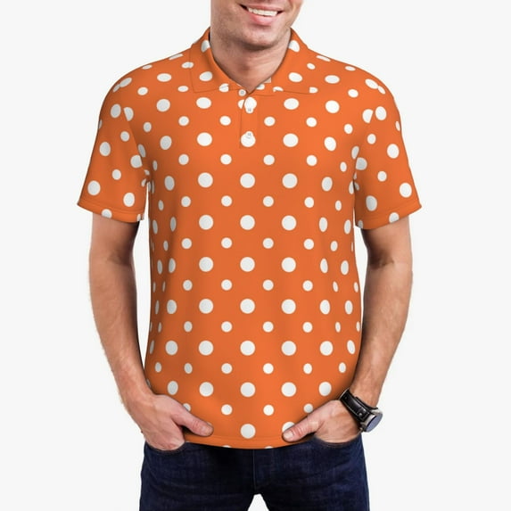 Daiia Orange And White Polka Dot Pattern Men’s Polo Shirts,Solid Deck Shirt,Classic Fit, Breathable Cotton Polo for Casual and Sport Wear-4X-Large