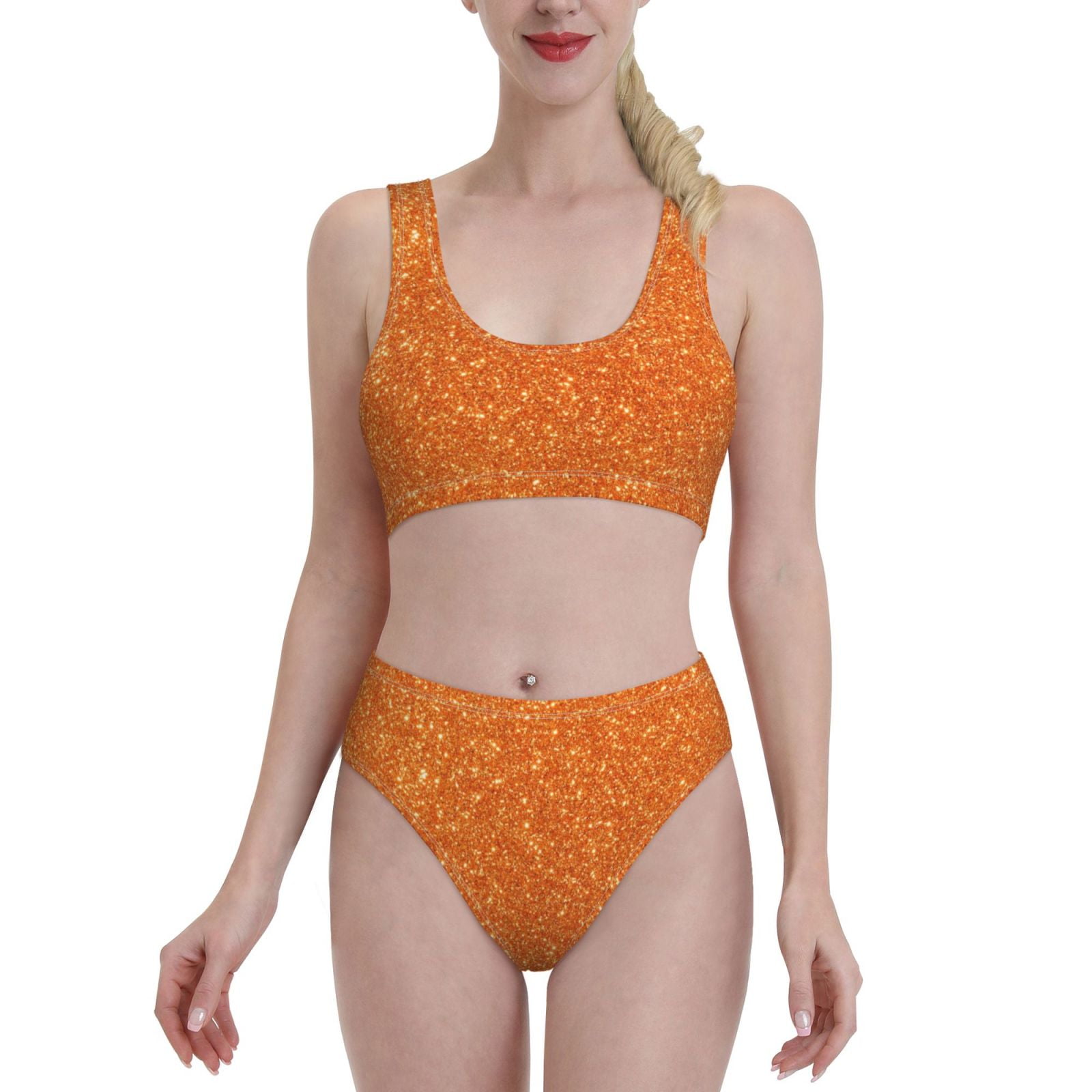 Daiia Orange Glitter Women S Bikini Swimsuit Two Piece Swimsuit High Waisted Slim Fit High Leg Spaghetti Straps Bathing Suit Medium Walmart