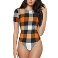 thumbnail image 1 of Daiia Orange Plaid print Women's Crew Neck Short Sleeve Bodysuit Fashion Tops Fit Casual Basic Extender Bodysuit-X-Large, 1 of 9