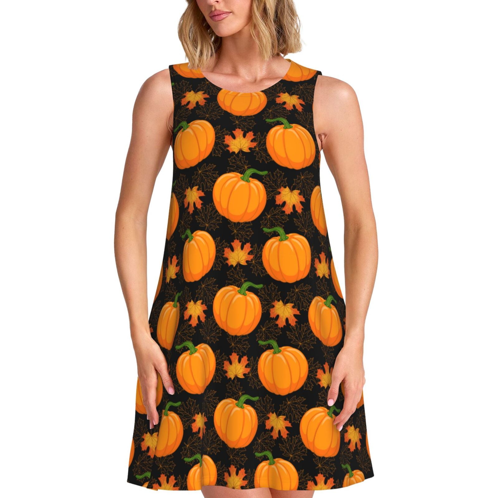 Daiia Orange Pumpkin And Autumn Maple Print Women's Dresses 2025 Trendy ...