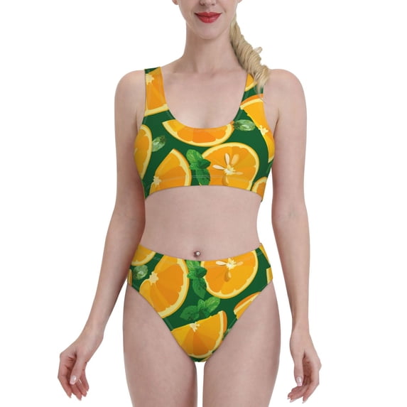 Daiia Orange printed 2 piece Swimsuit Bikinis for Women High Waisted Racerback Bathing Suits Summer Tummy Control Scoop Neck Swimwear-X-Large
