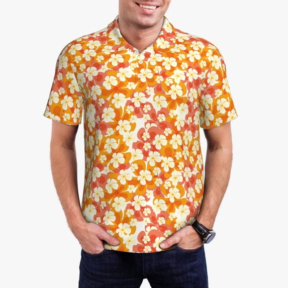 Daiia Orchids Flowers Pattern Men’s Polo Shirts,Solid Deck Shirt,Classic Fit, Breathable Cotton Polo for Casual and Sport Wear-Large