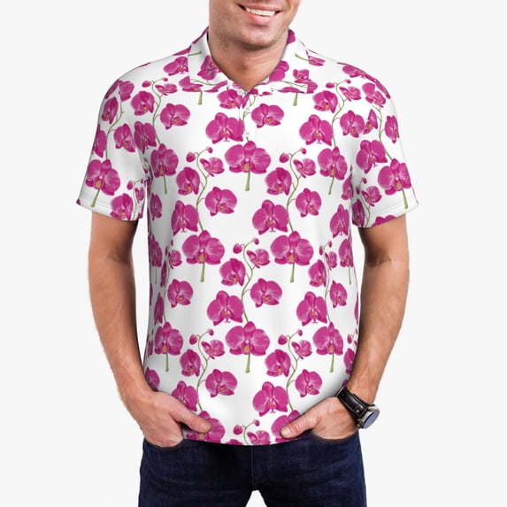 Daiia Orchids Flowers Pattern Men’s Polo Shirts,Solid Deck Shirt,Classic Fit, Breathable Cotton Polo for Casual and Sport Wear-Medium