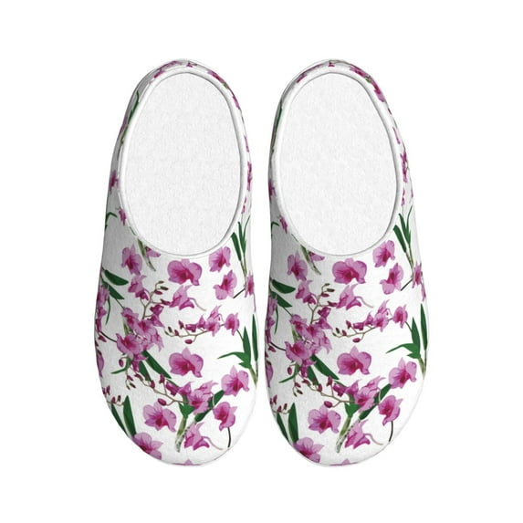 Daiia Orchids Flowers Print Women’s Fuzzy Slippers Memory Foam Lightweight House Shoes Cozy Loafer Flannel House Shoes-35/36