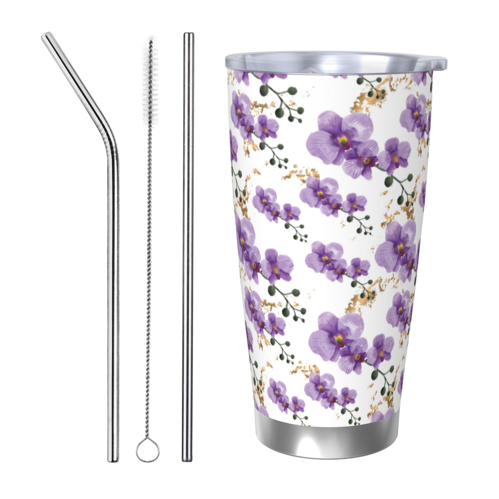Daiia Orchids Flowers Printed 20oz Insulated Coffee Cup with Straw ...