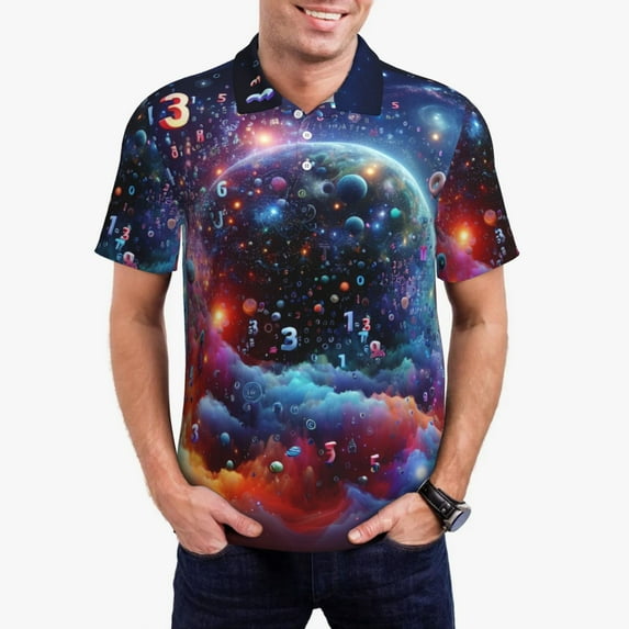 Daiia Outer Space Floating Numbers And Letters Pattern Men’s Polo Shirts,Solid Deck Shirt,Classic Fit, Breathable Cotton Polo for Casual and Sport Wear-Large