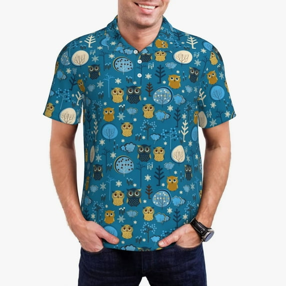 Daiia Owls And Trees Pattern Men’s Polo Shirts,Solid Deck Shirt,Classic Fit, Breathable Cotton Polo for Casual and Sport Wear-X-Large