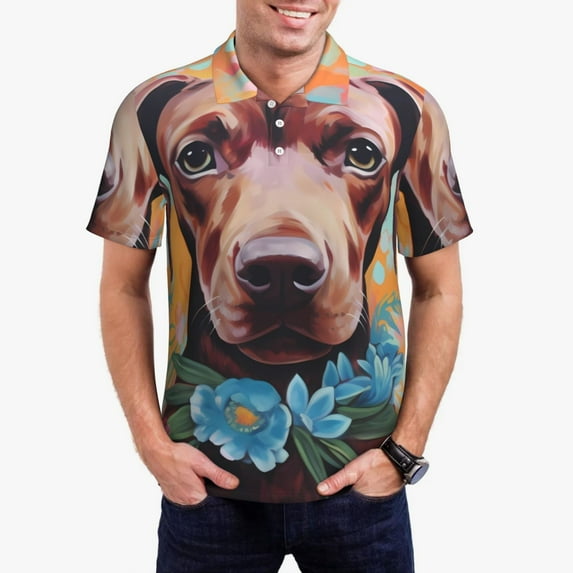 Daiia Painted Flower Puppy Pattern Men’s Polo Shirts,Solid Deck Shirt,Classic Fit, Breathable Cotton Polo for Casual and Sport Wear-Small