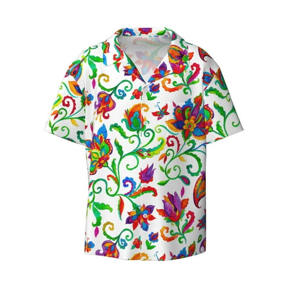 Daiia Paisley Men's Linen Shirts Short Sleeve Casual Shirts Button Down Shirt for Men Beach Summer Wedding Shirt-Large