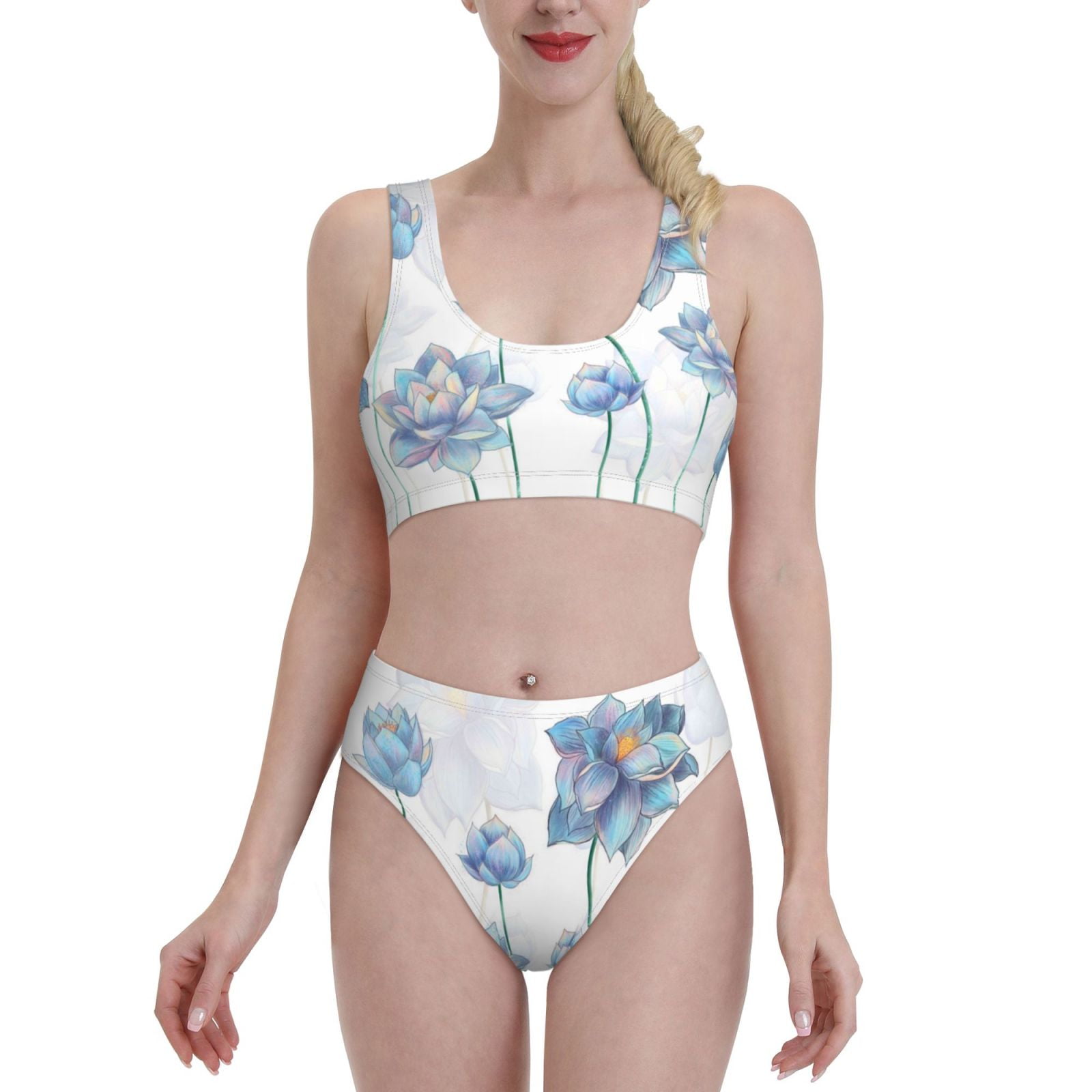 Daiia Pale Blue Lotus Flowers printed 2 piece Swimsuit Bikinis for ...