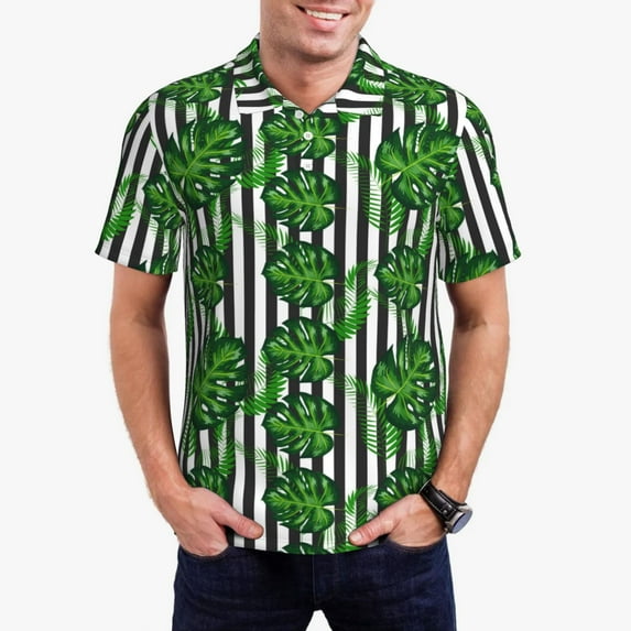 Daiia Palm Greenery Pattern Men’s Polo Shirts,Solid Deck Shirt,Classic Fit, Breathable Cotton Polo for Casual and Sport Wear-X-Large