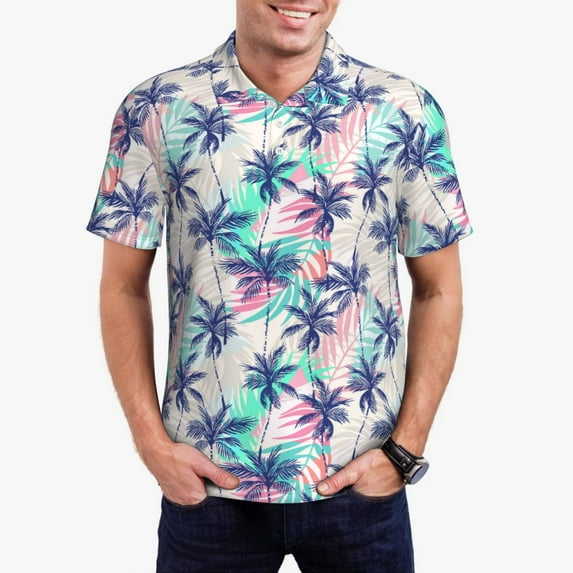 Daiia Palm Leaves Pattern Men’s Polo Shirts,Solid Deck Shirt,Classic Fit, Breathable Cotton Polo for Casual and Sport Wear-X-Large