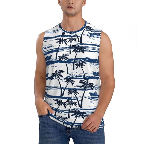 Daiia Palm Tree Printed Men's Tank Tops,Casual Soft Sleeveless Gym Muscle Shirts Bodybuilding Tee-XX-Large