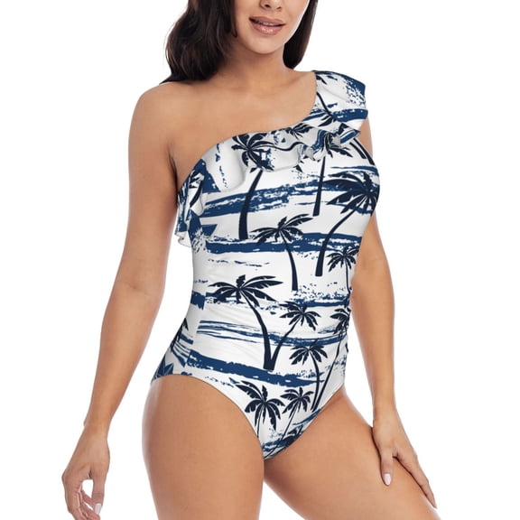 Daiia Palm Tree Women's One Piece Swimsuits Personalized One Shoulder Swimwear Asymmetric Ruffle Bathing Suits-