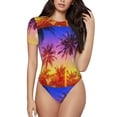 thumbnail image 1 of Daiia Palm Trees at Sunset print Women's Crew Neck Short Sleeve Bodysuit Fashion Tops Fit Casual Basic Extender Bodysuit-Large, 1 of 9