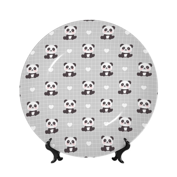 Daiia Panda Bear Printed Pattern Ceramic Plate Dinner Plates Bone China Decorative Plates with Display Stand Art Ceramic Ornaments for Wall Hanging Decoration-8in