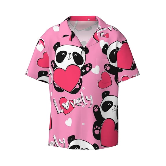 Daiia Panda Heart Valentine Pink Men's Linen Shirts Short Sleeve Casual Shirts Button Down Shirt for Men Beach Summer Wedding Shirt-Medium