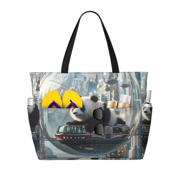 Daiia Panda In Futuristic City Beach Travel Bag - Water-Resistant Beach Bag, Lightweight Tote with 7 Pockets for Women and Men - Gym,Pool,Camping,Reusable Grocery Bag