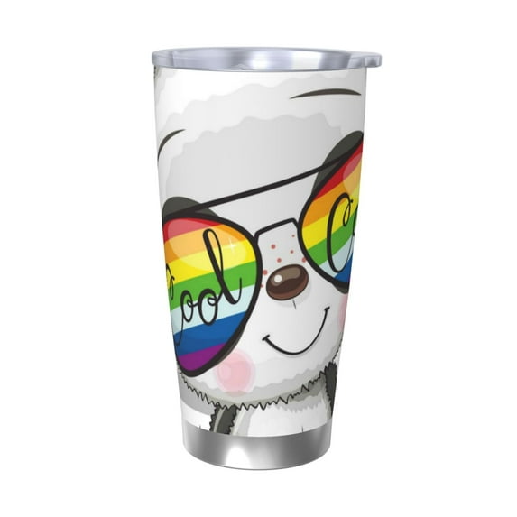 Daiia Panda with Sun glasses Printed 20oz Insulated Coffee Cup with Straw Topper, Fully Spill Proof Travel Coffee Mug, Stainless Steel Tumbler for Work Home Outdoor Car-Without Straw