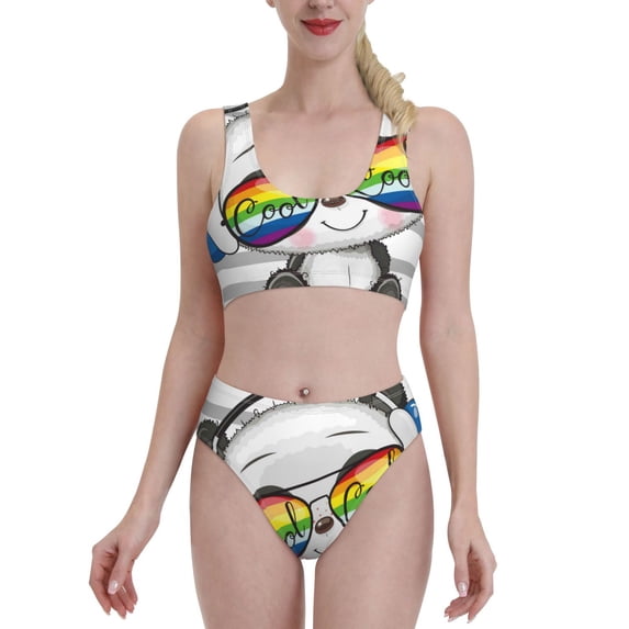 Daiia Panda with Sun glasses printed 2 piece Swimsuit Bikinis for Women High Waisted Racerback Bathing Suits Summer Tummy Control Scoop Neck Swimwear-Small